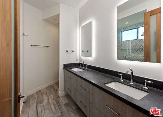 Bathroom, Dual Sink Vanities, Interior, Recessed Lighting, Wood Texture Flooring