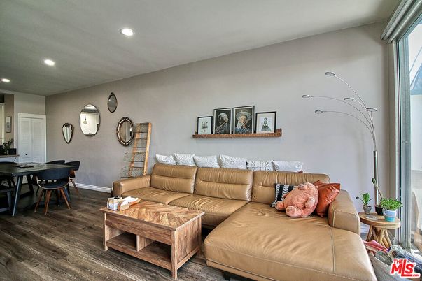 Dining room, Interior, Living room, Recessed Lighting, Wood Texture Flooring