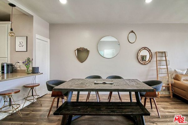 Dining room, Interior, Pendant Lights, Recessed Lighting, Wood Texture Flooring