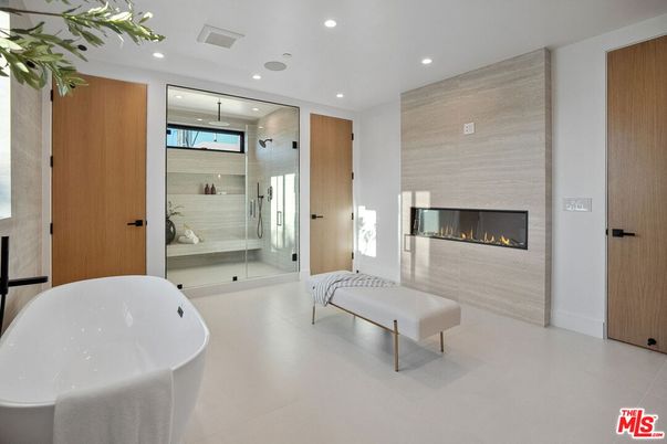 Bathroom, Fireplace, Free Standing Baths, Glass Shower, Interior, Recessed Lighting