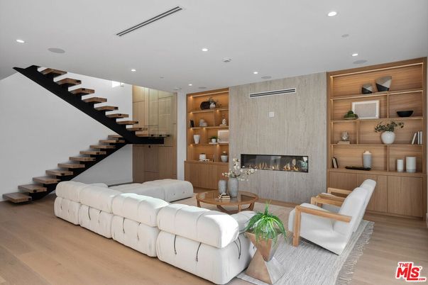 Fireplace, Interior, Living room, Recessed Lighting, Wood Texture Flooring