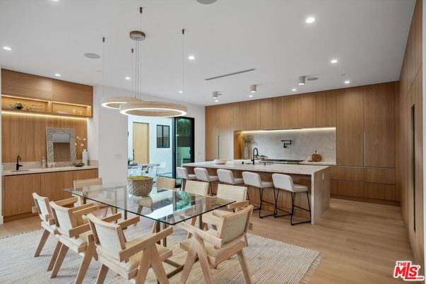 Dining room, Interior, Kitchen, Pendant Lights, Recessed Lighting, Wood Texture Flooring, Wooden Walls