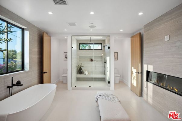 Bathroom, Fireplace, Free Standing Baths, Glass Shower, Interior, Recessed Lighting