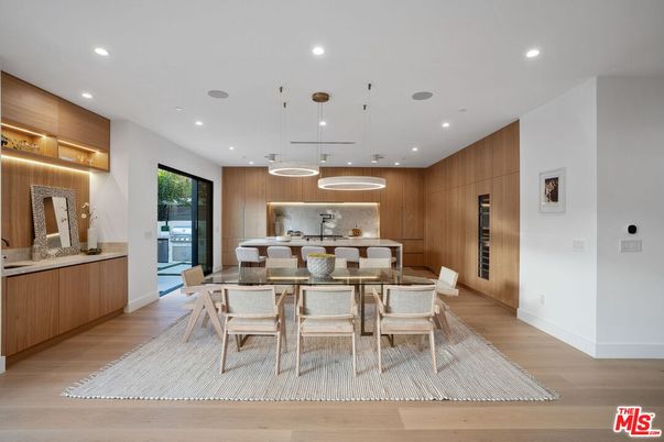 Dining room, Interior, Pendant Lights, Recessed Lighting, Wood Texture Flooring, Wooden Walls