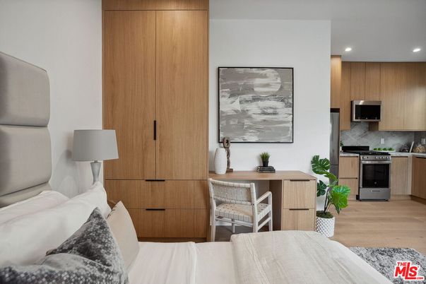 Bedroom, Interior, Kitchen, Living room, Recessed Lighting, Stainless Steel Appliances, Wood Texture Flooring