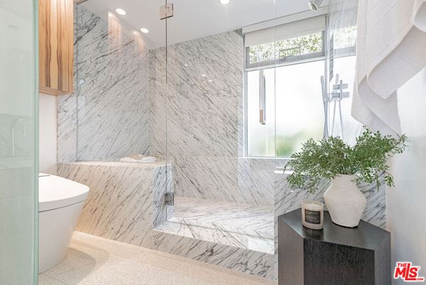 Bathroom, Glass Shower, Interior, Marble, Marble Walls, Recessed Lighting