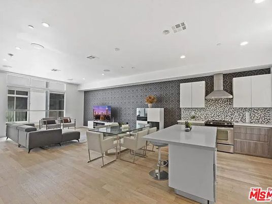 Dining room, Interior, Kitchen, Living room, Recessed Lighting, Stainless Steel Appliances, Wood Texture Flooring