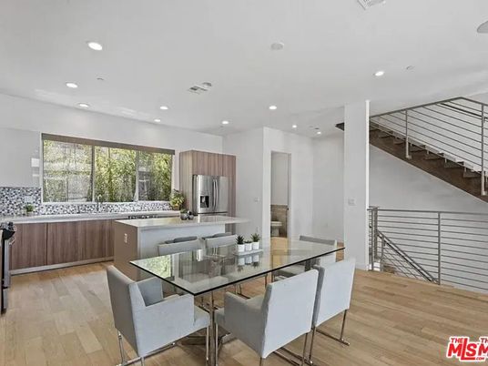 Dining room, Interior, Kitchen, Recessed Lighting, Stainless Steel Appliances, Wood Texture Flooring