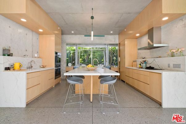 Interior, Kitchen, Marble Walls, Pendant Lights, Recessed Lighting, Stainless Steel Appliances