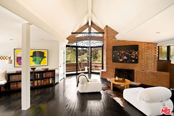 Fireplace, Interior, Living room, Recessed Lighting, Stone Walls, Wood Texture Flooring