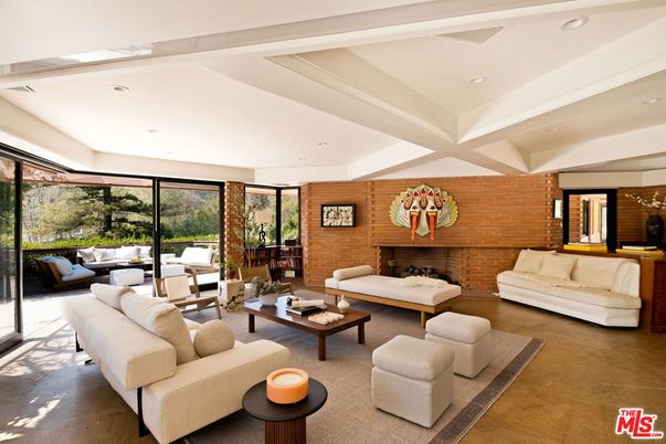 Fireplace, Interior, Living room, Recessed Lighting, Stone Walls