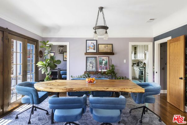 Dining room, Interior, Pendant Lights, Wood Texture Flooring