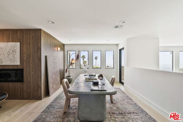 Dining room, Interior, Recessed Lighting, Wood Texture Flooring, Wooden Walls