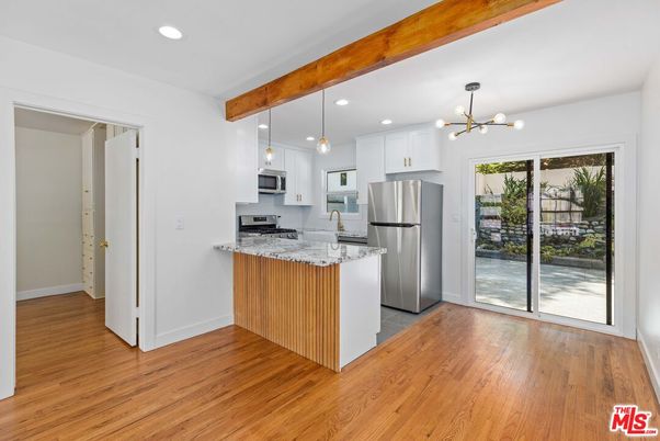 Interior, Kitchen, Pendant Lights, Recessed Lighting, Stainless Steel Appliances, Wooden Beams, Wood Texture Flooring