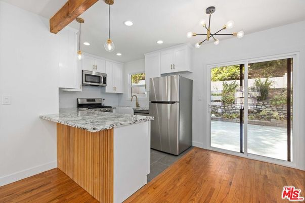 Interior, Kitchen, Pendant Lights, Recessed Lighting, Stainless Steel Appliances, Wooden Beams, Wood Texture Flooring