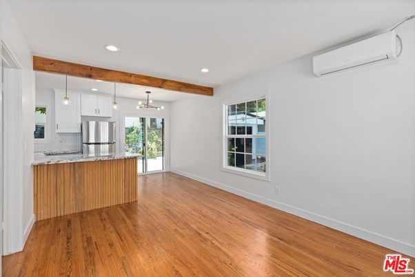 Empty room, Interior, Kitchen, Pendant Lights, Recessed Lighting, Wooden Beams, Wood Texture Flooring