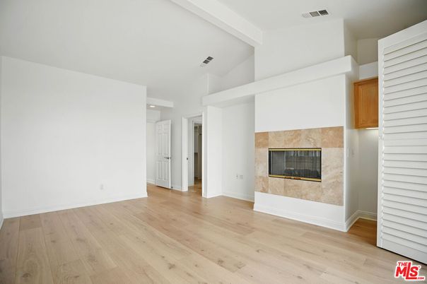 Empty room, Fireplace, Interior, Recessed Lighting, Wood Texture Flooring