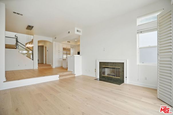 Empty room, Fireplace, Interior, Pendant Lights, Recessed Lighting, Wood Texture Flooring
