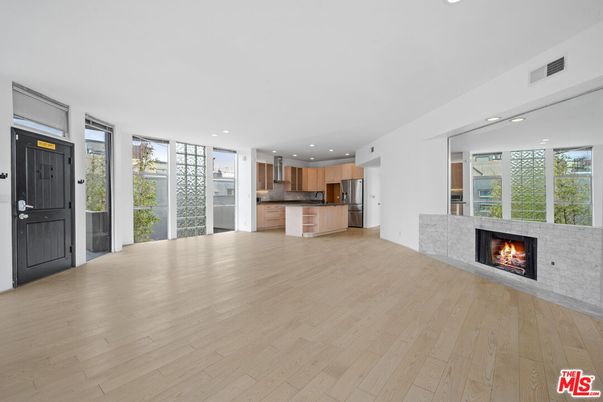 Fireplace, Interior, Kitchen, Recessed Lighting, Wood Texture Flooring