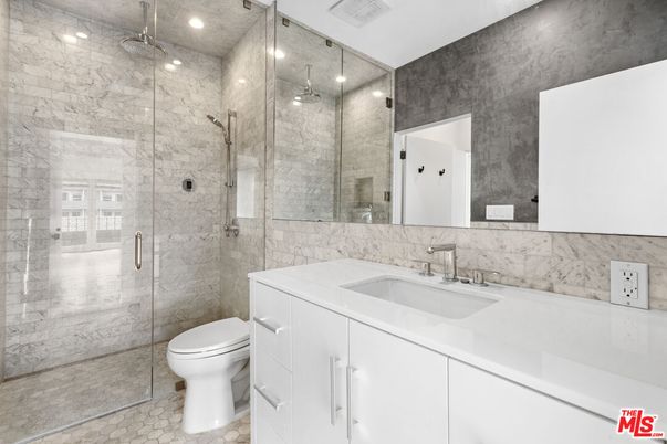 Bathroom, Glass Shower, Interior, Marble Walls, Recessed Lighting