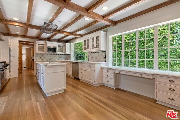 Interior, Kitchen, Recessed Lighting, Stainless Steel Appliances, Wooden Beams, Wood Texture Flooring