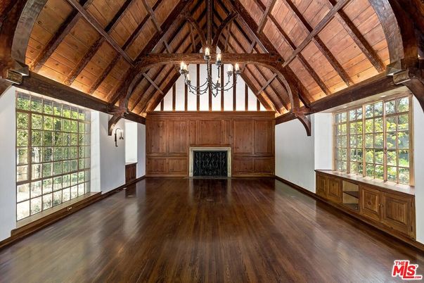 Chandelier, Empty room, Fireplace, Interior, Wooden Beams, Wooden Ceilings, Wood Texture Flooring, Wooden Walls