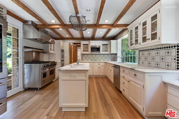 Interior, Kitchen, Recessed Lighting, Stainless Steel Appliances, Wooden Beams, Wood Texture Flooring