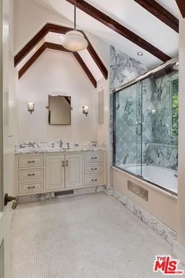 Bathroom, Glass Shower, Interior, Marble Walls, Pendant Lights, Recessed Lighting, Wooden Beams