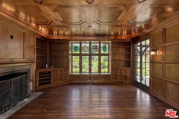 Empty room, Fireplace, Interior, Recessed Lighting, Wooden Ceilings, Wood Texture Flooring, Wooden Walls