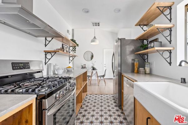Interior, Kitchen, Pendant Lights, Stainless Steel Appliances, Wood Texture Flooring