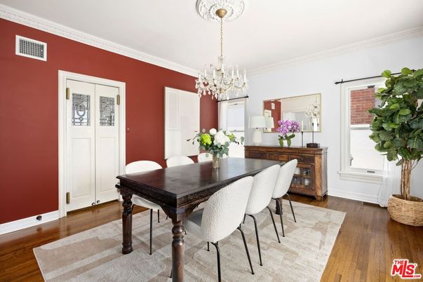 Chandelier, Dining room, Interior, Wood Texture Flooring