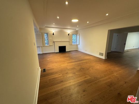 Empty room, Fireplace, Interior, Recessed Lighting, Wood Texture Flooring