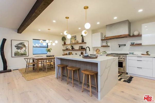 Dining room, Interior, Kitchen, Pendant Lights, Recessed Lighting, Stainless Steel Appliances, Wooden Beams, Wood Texture Flooring