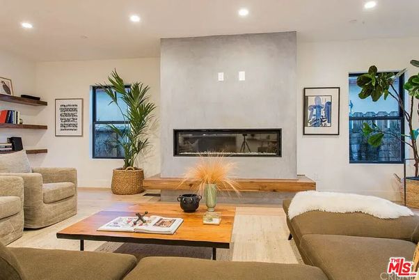 Fireplace, Interior, Living room, Recessed Lighting, Wood Texture Flooring