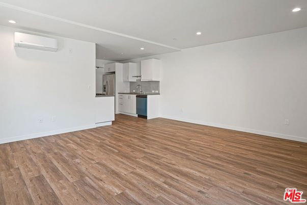 Empty room, Interior, Kitchen, Recessed Lighting, Wood Texture Flooring