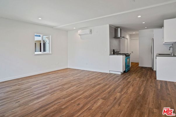 Empty room, Interior, Kitchen, Recessed Lighting, Wood Texture Flooring