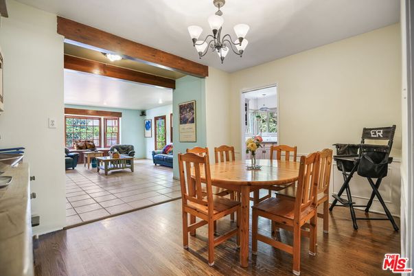 Chandelier, Dining room, Interior, Living room, Recessed Lighting, Wooden Beams, Wood Texture Flooring