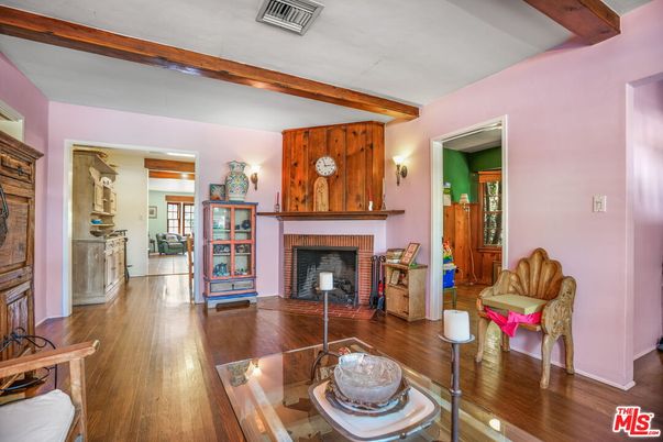 Dining room, Fireplace, Interior, Wooden Beams, Wood Texture Flooring