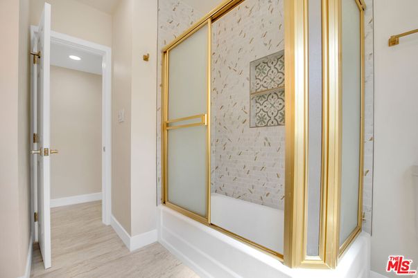 Bathroom, Glass Shower, Interior, Recessed Lighting, Wood Texture Flooring