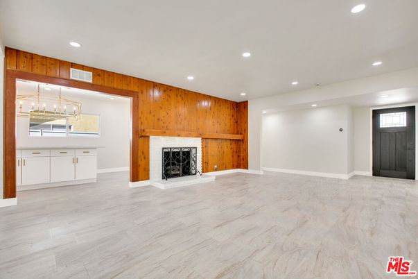 Empty room, Fireplace, Interior, Marble, Recessed Lighting, Wood Texture Flooring, Wooden Walls