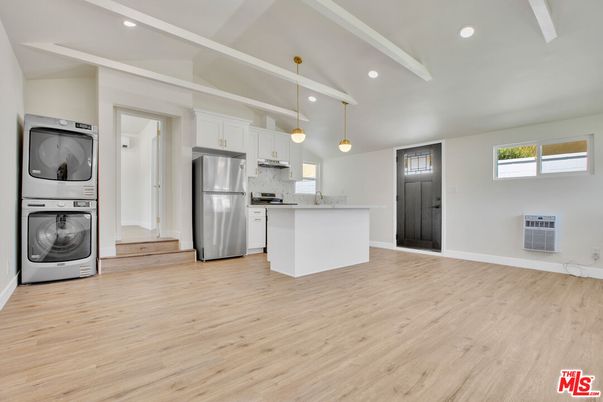 Interior, Kitchen, Pendant Lights, Recessed Lighting, Stainless Steel Appliances, Washer, Wood Texture Flooring