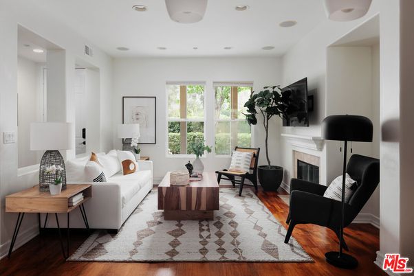 Fireplace, Interior, Living room, Recessed Lighting, Wood Texture Flooring