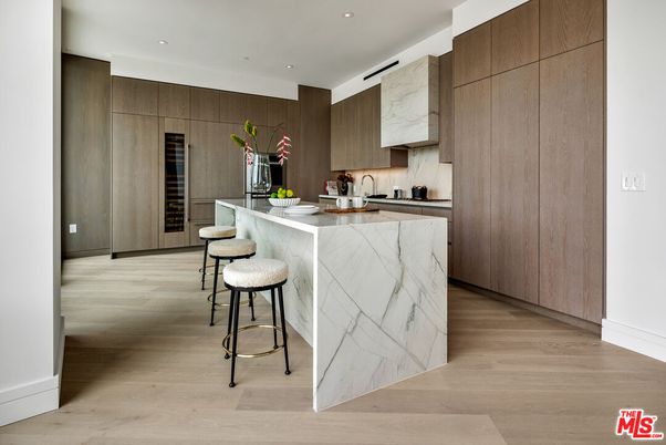 Interior, Kitchen, Marble Walls, Recessed Lighting, Wood Texture Flooring