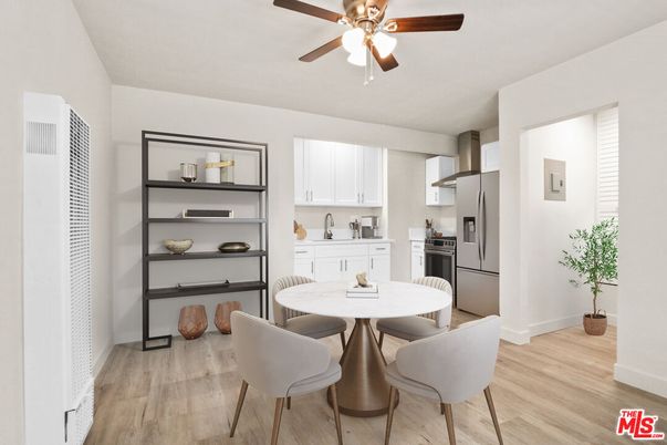Dining room, Interior, Kitchen, Stainless Steel Appliances, Wood Texture Flooring