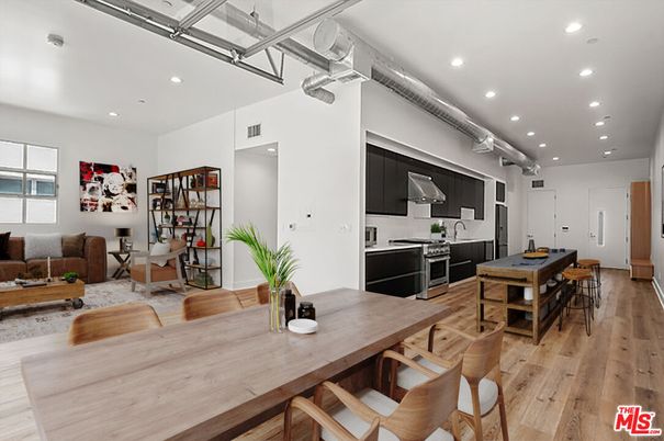 Dining room, Interior, Kitchen, Living room, Recessed Lighting, Stainless Steel Appliances, Wood Texture Flooring