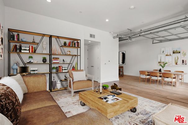 Dining room, Interior, Living room, Recessed Lighting, Wood Texture Flooring