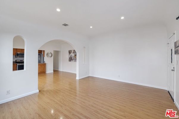 Empty room, Interior, Kitchen, Recessed Lighting, Wood Texture Flooring