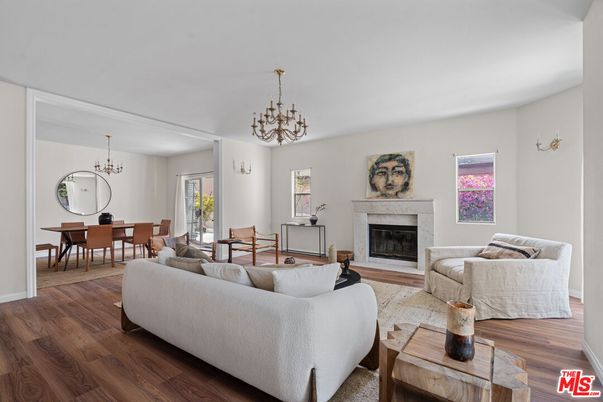Chandelier, Dining room, Fireplace, Interior, Living room, Wood Texture Flooring
