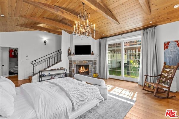 Bedroom, Chandelier, Fireplace, Interior, Recessed Lighting, Wooden Beams, Wooden Ceilings, Wood Texture Flooring