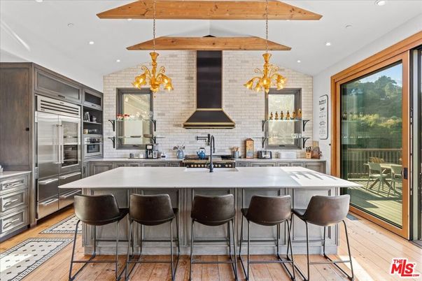Interior, Kitchen, Pendant Lights, Recessed Lighting, Stainless Steel Appliances, Stone Walls, Wooden Beams, Wood Texture Flooring